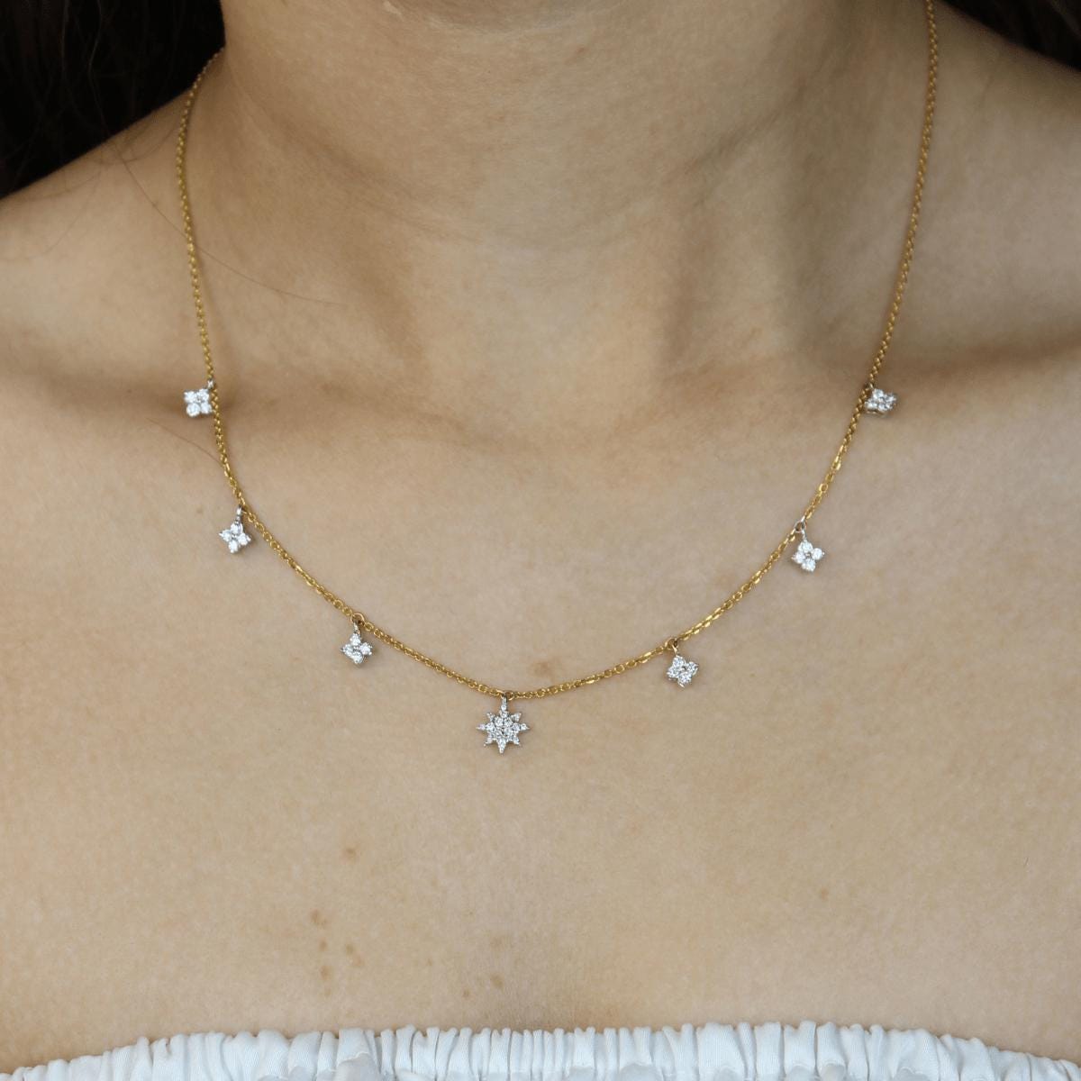 Starburst Diamond Station Necklace, 14k Solid Gold, Natural Diamonds, Stacking Minimalist Necklace, Dangling Charm Jewelry, Everyday Wear