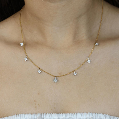 Starburst Diamond Station Necklace, 14k Solid Gold, Natural Diamonds, Stacking Minimalist Necklace, Dangling Charm Jewelry, Everyday Wear
