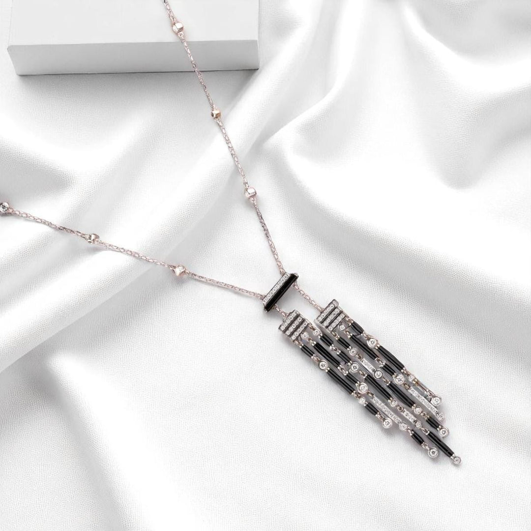 Art Deco Diamond Tassel Necklace With Earrings, 14k Solid Gold, Natural Diamonds, Black Onyx Gemstone Pendant, Cocktail Statement Jewelry