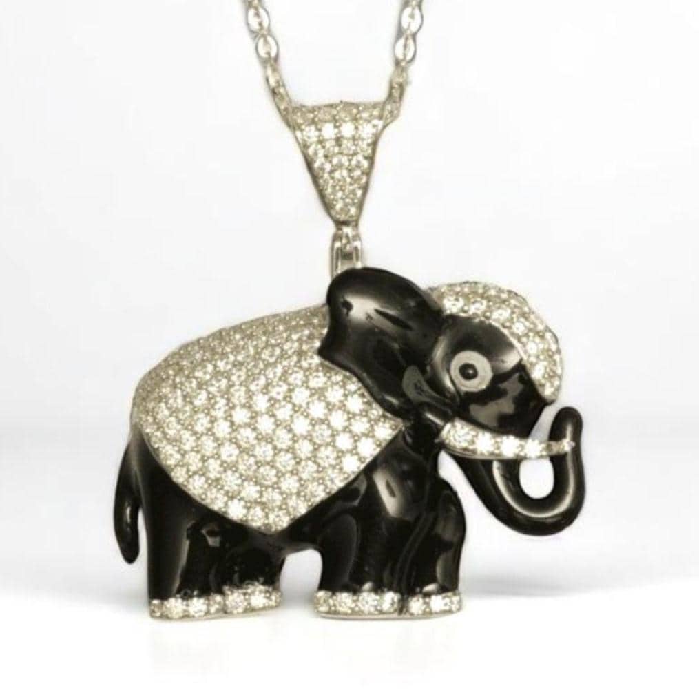 Elephant Diamond Pendant Necklace, 14k Solid Gold, Natural Diamonds, Enamel Hip Hop Jewelry, Animal Statement Chain Necklace