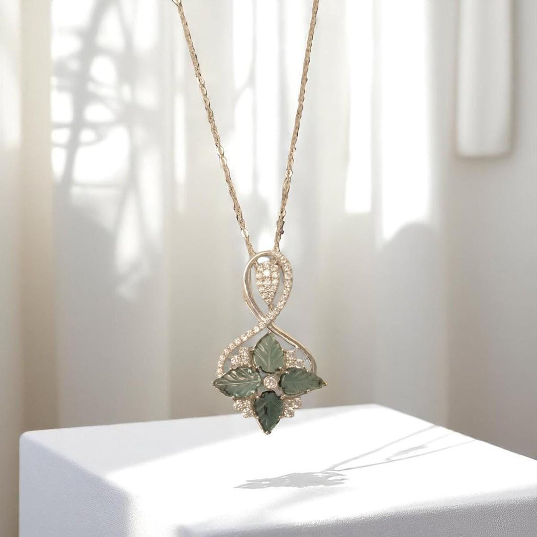Infinity Loop Diamond Pendant Necklace, 14k Solid Gold, Natural Diamonds, Leaf Green Gemstone Statement Pendant, Stacking Minimalist Jewelry