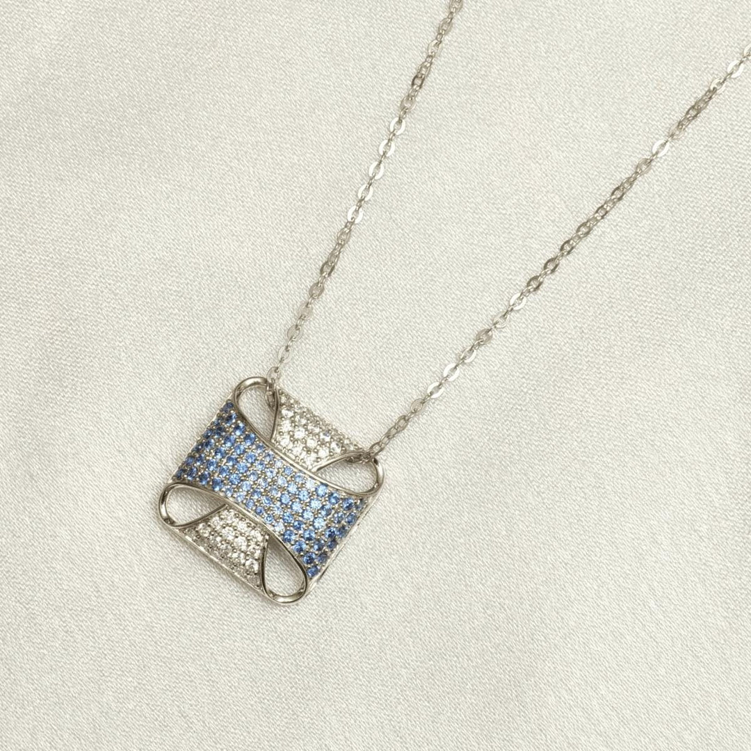 Square Blue Sapphire Diamond Pendant Necklace,  14k Solid Gold, Natural Diamonds, Pave Gemstone Cocktail Pendant, Minimalist Stacking Chain