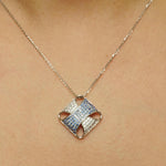 Load image into Gallery viewer, Square Blue Sapphire Diamond Pendant Necklace,  14k Solid Gold, Natural Diamonds, Pave Gemstone Cocktail Pendant, Minimalist Stacking Chain
