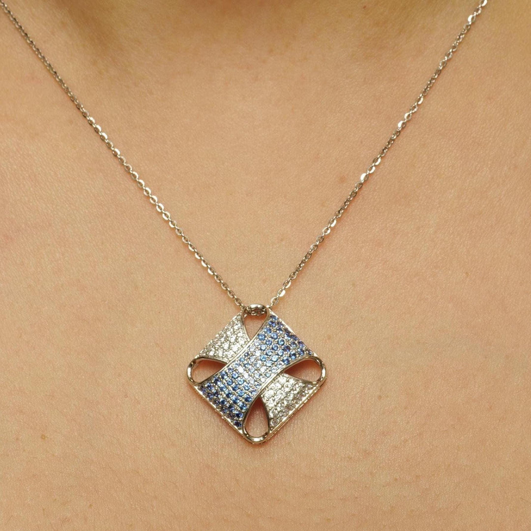 Square Blue Sapphire Diamond Pendant Necklace,  14k Solid Gold, Natural Diamonds, Pave Gemstone Cocktail Pendant, Minimalist Stacking Chain