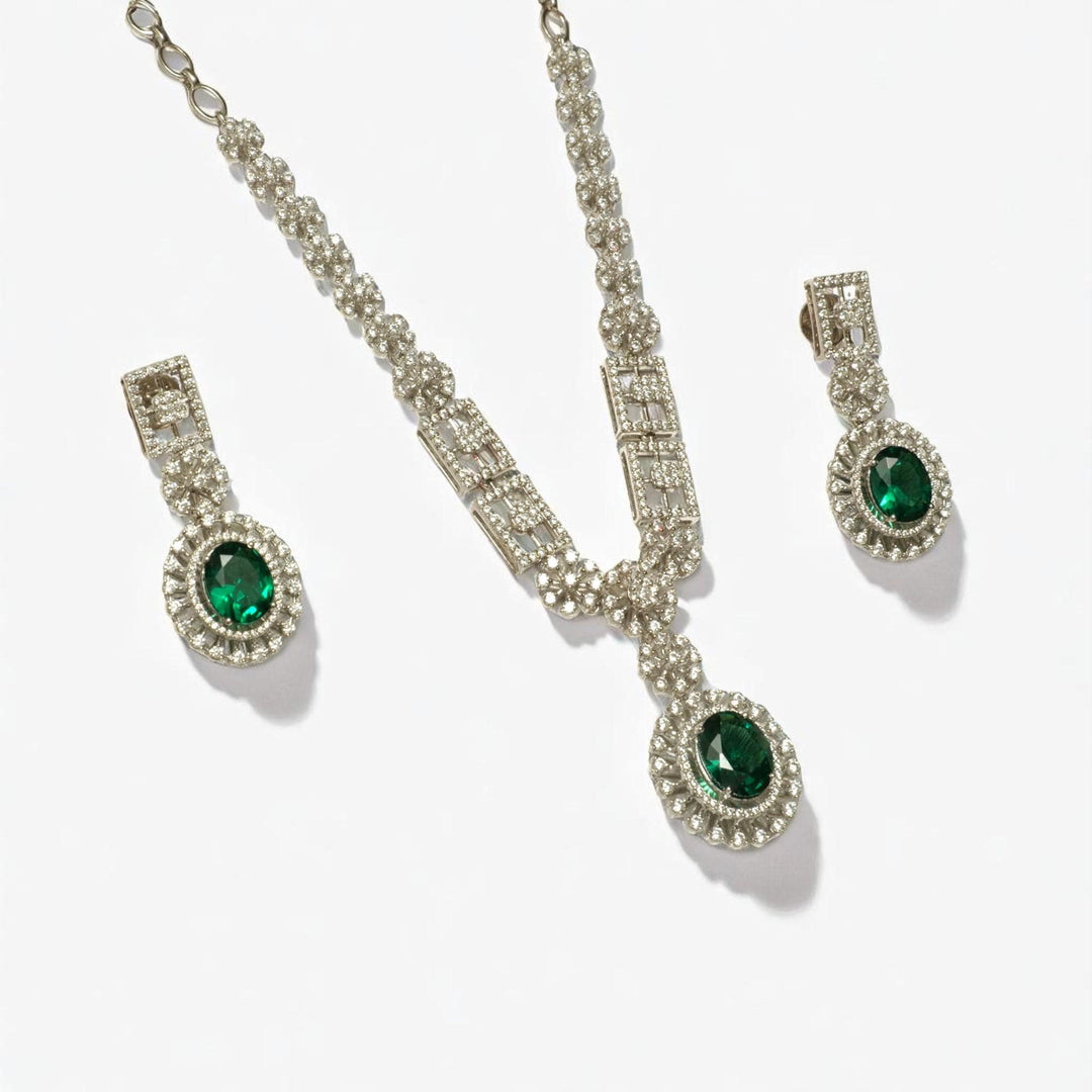 Halo Oval Emerald Diamond Necklace Earring Set, 14k Solid Gold, Natural Diamond, Floral Bridal Jewelry, Wedding Statement Jewelry