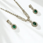 Load image into Gallery viewer, Halo Oval Emerald Diamond Necklace Earring Set, 14k Solid Gold, Natural Diamond, Floral Bridal Jewelry, Wedding Statement Jewelry
