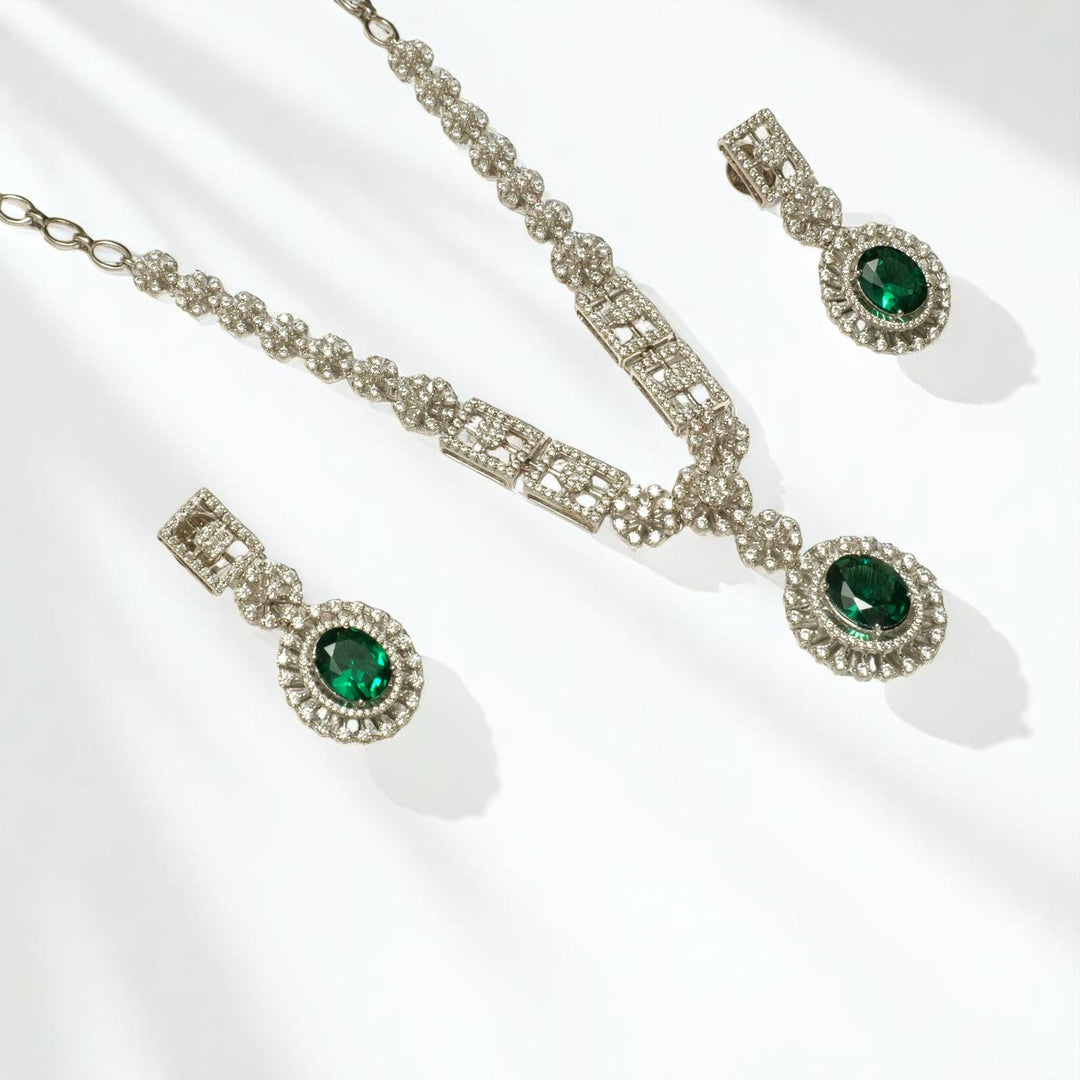 Halo Oval Emerald Diamond Necklace Earring Set, 14k Solid Gold, Natural Diamond, Floral Bridal Jewelry, Wedding Statement Jewelry