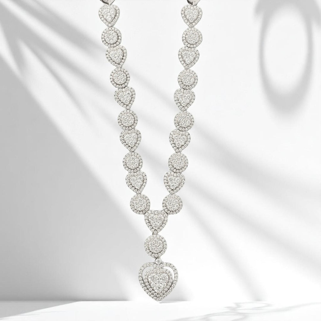 Halo Heart Drop Diamond Necklace, 14k Solid Gold, Natural Diamonds, Bridal Statement Necklace, Cluster Valentine Wedding Jewelry