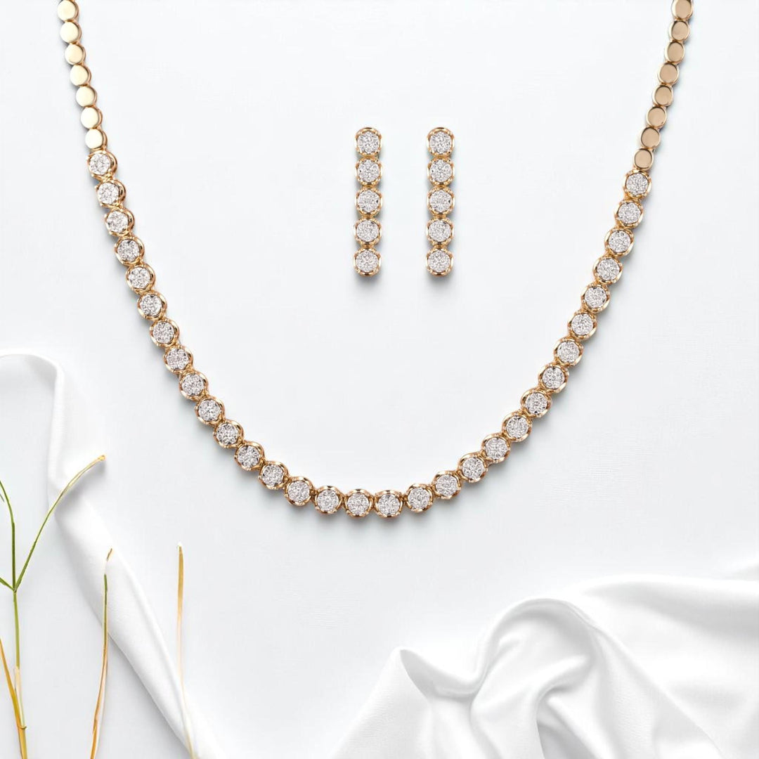 Round Diamond Tennis Necklace Earring Set, 14k Solid Gold, Natural Diamonds, Diamond String Necklace, Illusion Set Minimal Jewelry