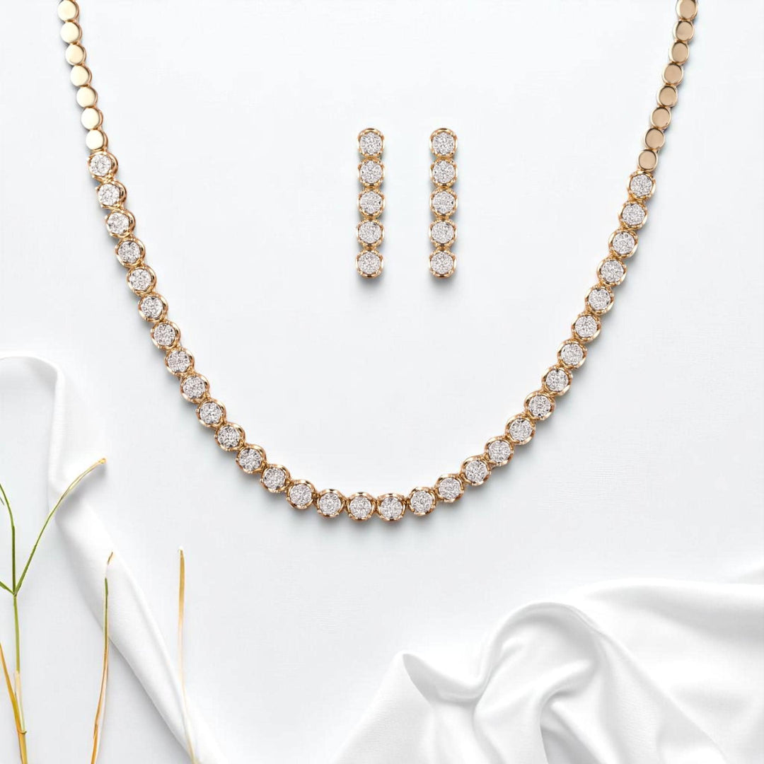 Round Diamond Tennis Necklace Earring Set, 14k Solid Gold, Natural Diamonds, Diamond String Necklace, Illusion Set Minimal Jewelry