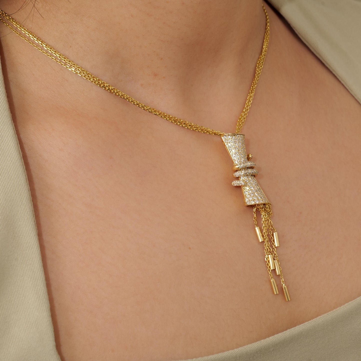 Cylindrical Diamond Charm Necklace with Gold tassels, 14k Solid Gold, Natural Diamonds, Multiple Chain Necklace, Modern Drop Chain Jewelry
