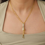 Load image into Gallery viewer, Cylindrical Diamond Charm Necklace with Gold tassels, 14k Solid Gold, Natural Diamonds, Multiple Chain Necklace, Modern Drop Chain Jewelry
