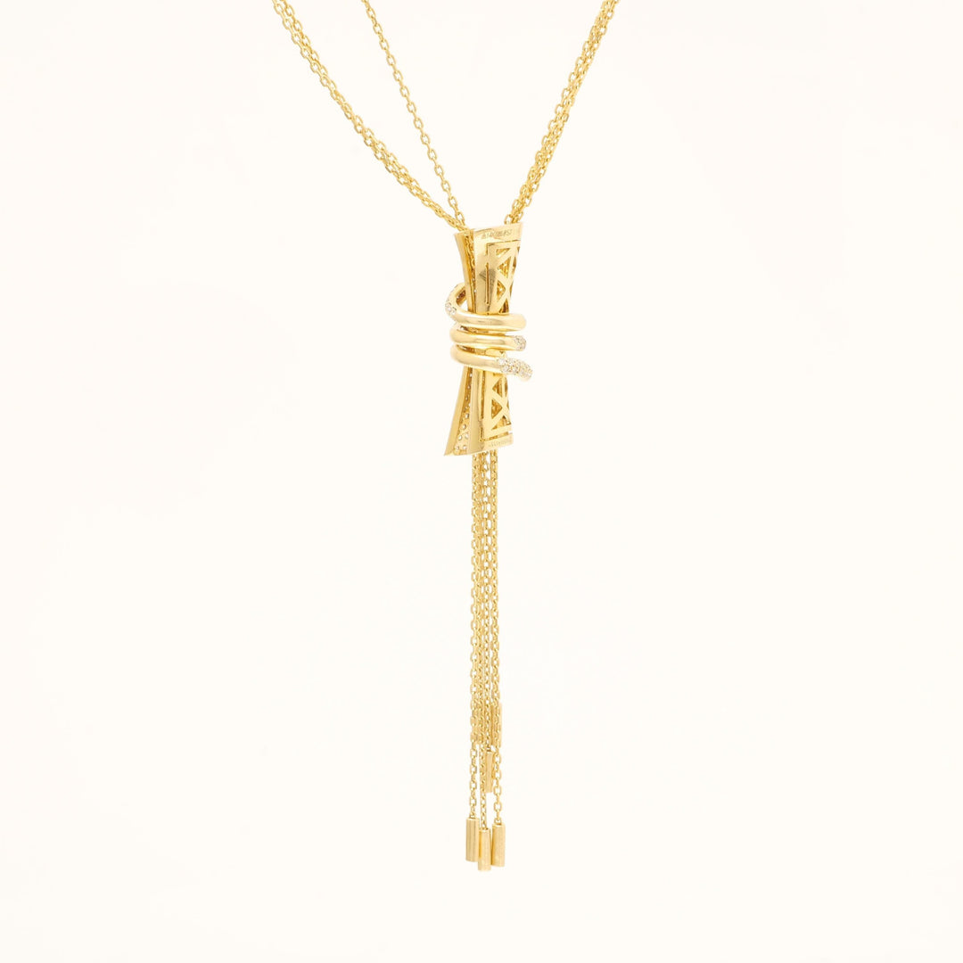 Cylindrical Diamond Charm Necklace with Gold tassels, 14k Solid Gold, Natural Diamonds, Multiple Chain Necklace, Modern Drop Chain Jewelry