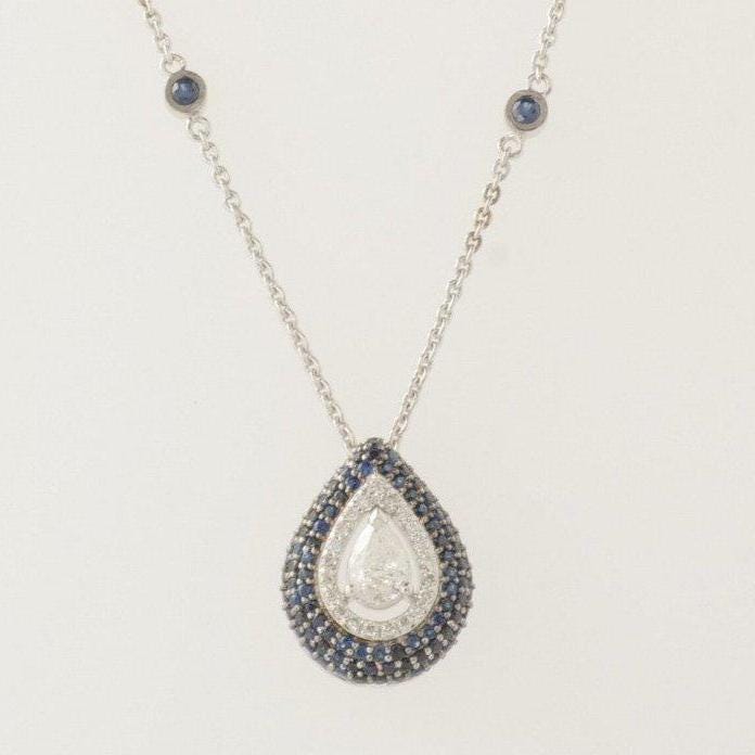 Teardrop Blue Sapphires Halo Diamond Necklace, 14k Solid Gold, Natural Diamonds, Gemstone Stacking Necklace, Ready To Ship, IGI Certified