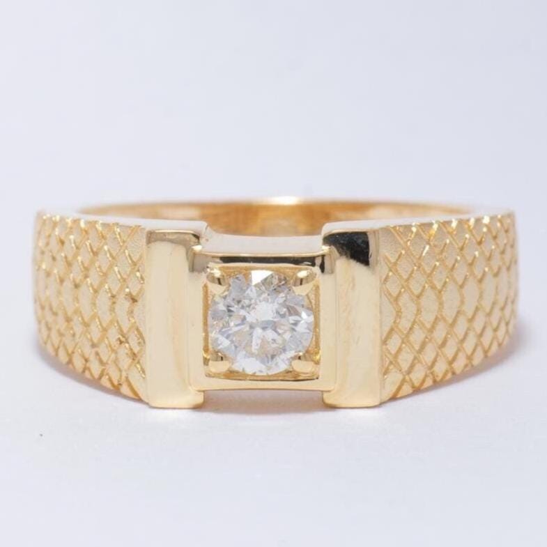 Men&#39;s Geometric Round Solitaire Diamond Ring,  14k Solid Gold, Natural Diamonds, Textured Shank, Gift for him, Statement Gold Jewelry,