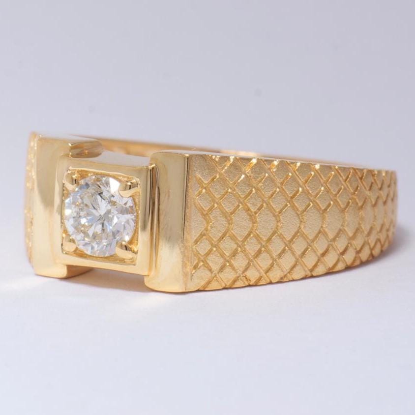 Men's Round Solitaire Natural Diamond Ring: 14k Solid Gold Textured Shank Jewellery, Certified Jewelry