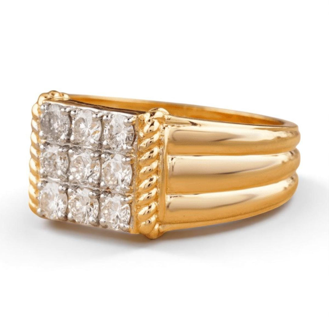 Square Grid Men&#39;s Diamond Ring, 14k Solid Gold, Natural Diamonds, Grooved Three Row Shank, Gift for him, Cluster Statement Jewelry