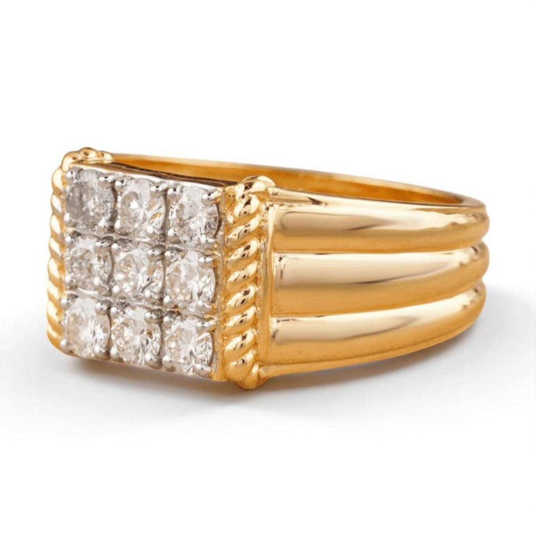 Square Grid Men&#39;s Diamond Ring, 14k Solid Gold, Natural Diamonds, Grooved Three Row Shank, Gift for him, Cluster Statement Jewelry