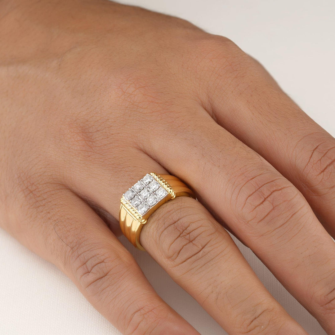 Square Grid Men&#39;s Diamond Ring, 14k Solid Gold, Natural Diamonds, Grooved Three Row Shank, Gift for him, Cluster Statement Jewelry