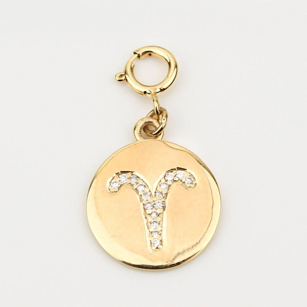 Aries Horoscope Birth Sign Charm, 14k Solid Gold, Natural Diamonds, Zodiac Constellation Everyday Jewelry, Astrology Gift