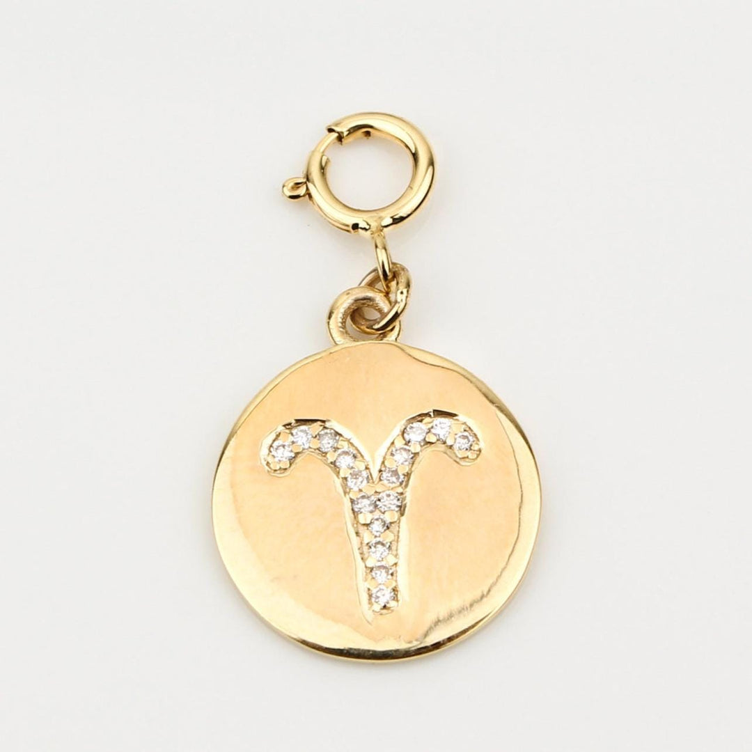 Aries Horoscope Birth Sign Charm, 14k Solid Gold, Natural Diamonds, Zodiac Constellation Everyday Jewelry, Astrology Gift