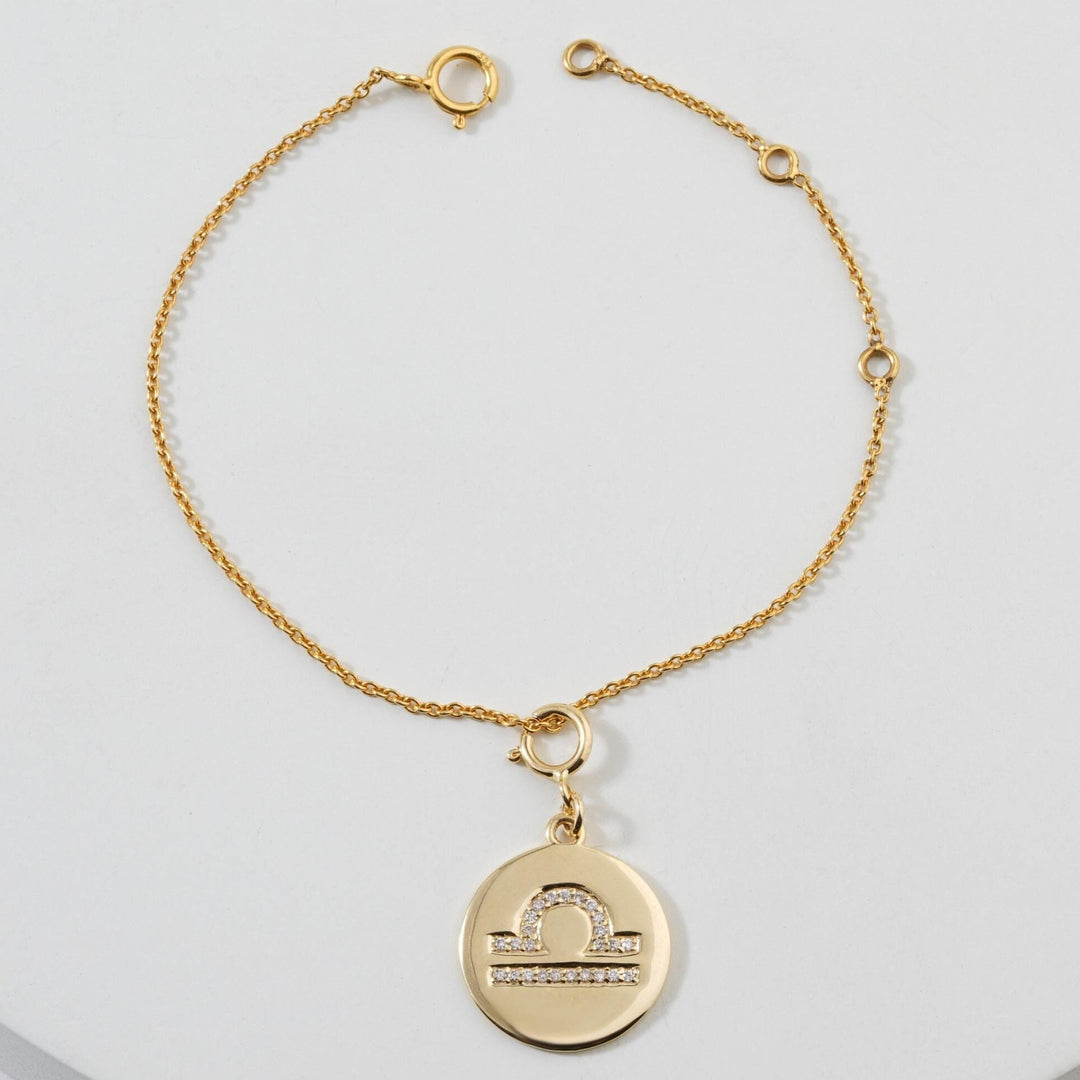 Libra Horoscope Birth Sign Charm, 14k Solid Gold, Natural Diamonds, Zodiac Constellation Everyday Jewelry, Astrology Gift