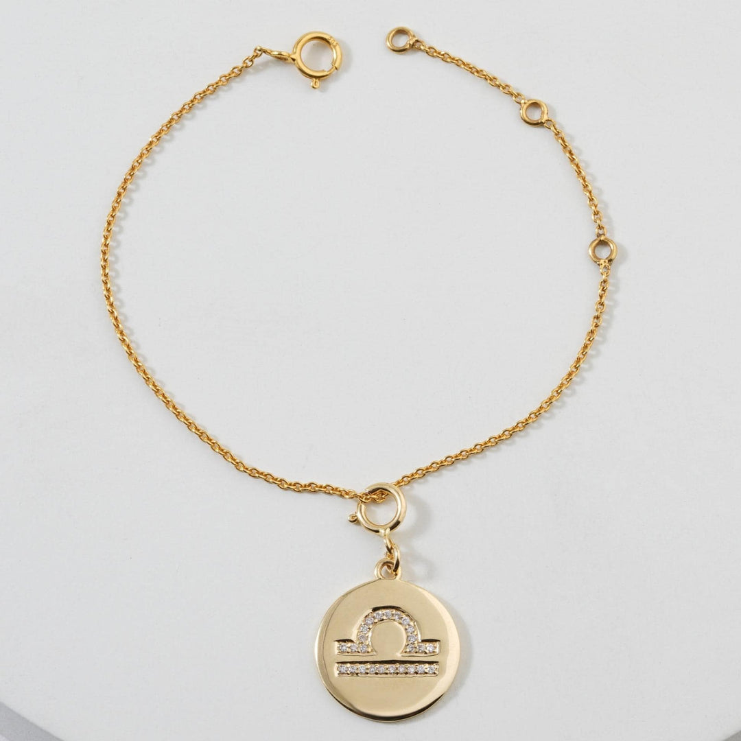 Libra Horoscope Birth Sign Charm, 14k Solid Gold, Natural Diamonds, Zodiac Constellation Everyday Jewelry, Astrology Gift