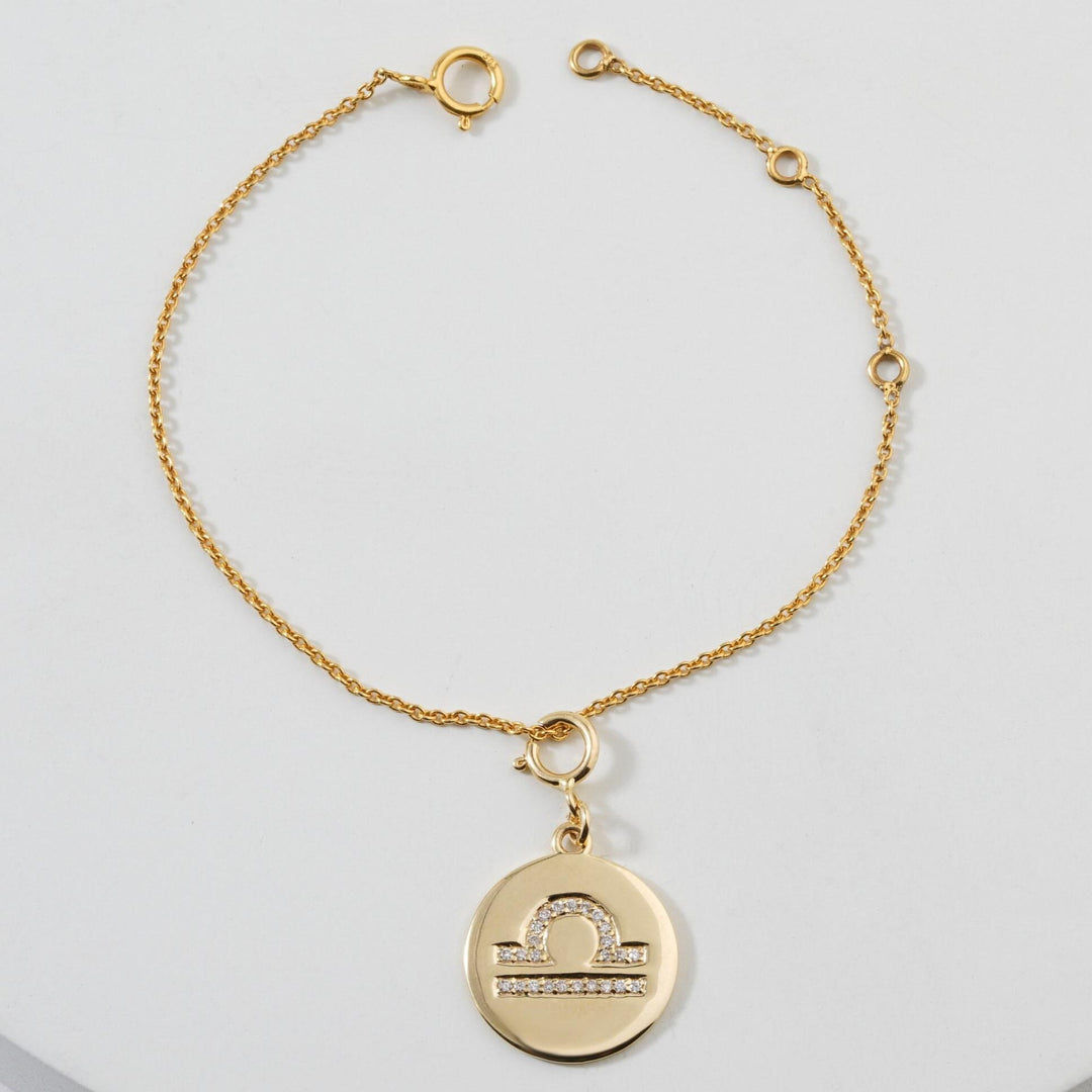 Libra Horoscope Birth Sign Charm, 14k Solid Gold, Natural Diamonds, Zodiac Constellation Everyday Jewelry, Astrology Gift