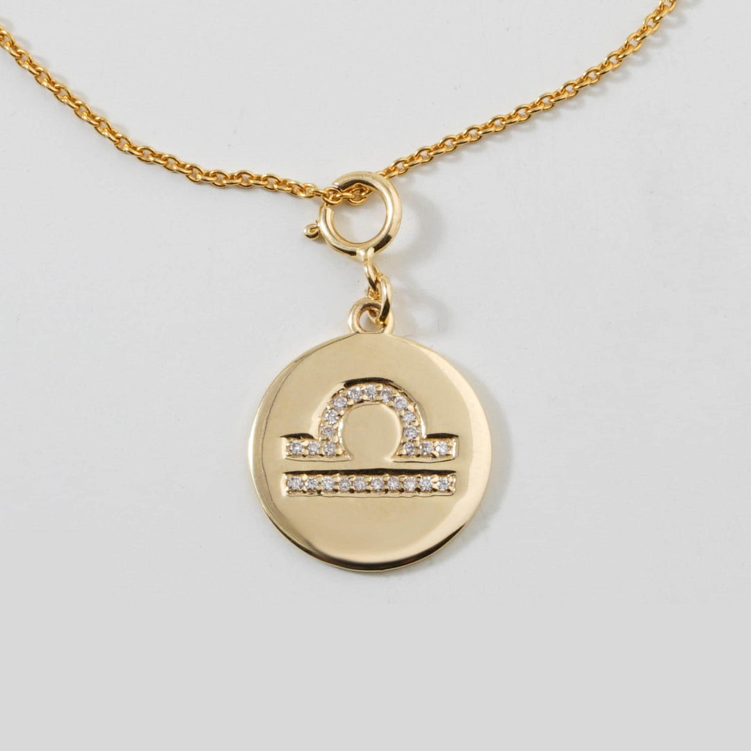 Libra Horoscope Birth Sign Charm, 14k Solid Gold, Natural Diamonds, Zodiac Constellation Everyday Jewelry, Astrology Gift