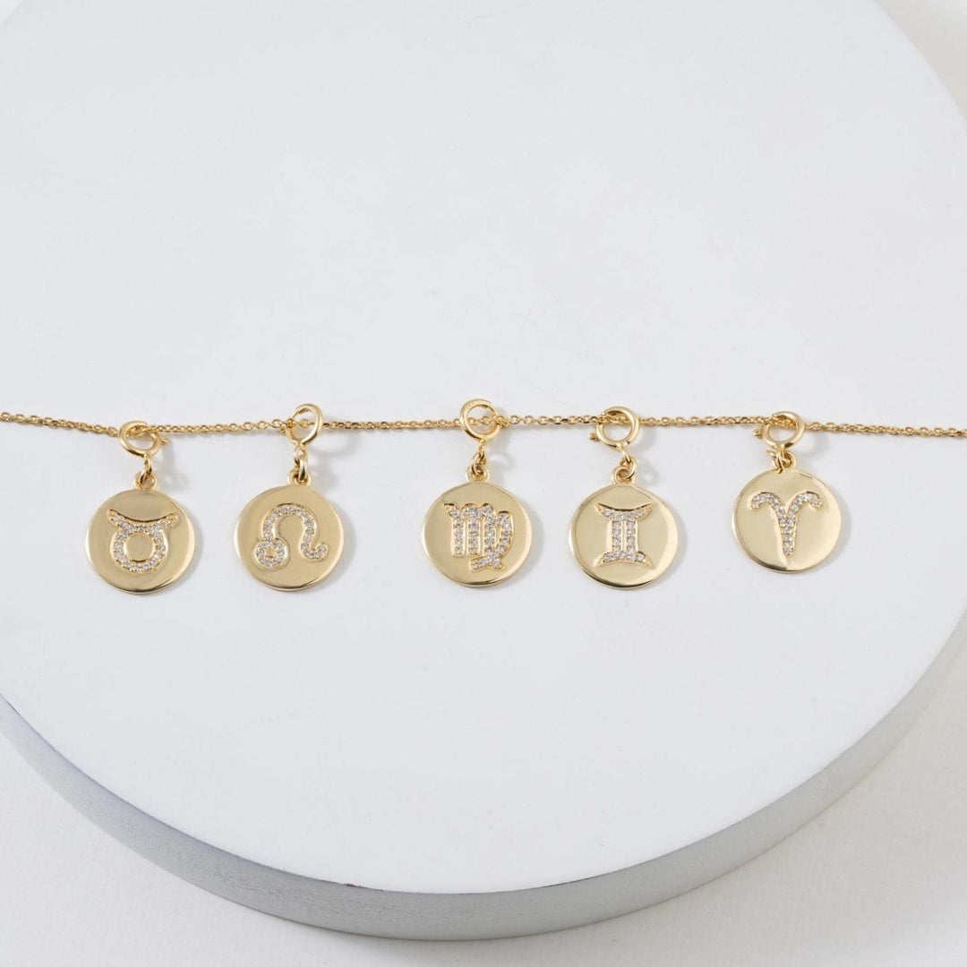 Aquarius Horoscope Birth Sign Charm, 14k Solid Gold, Natural Diamonds, Zodiac Constellation Everyday Jewelry, Astrology Gift