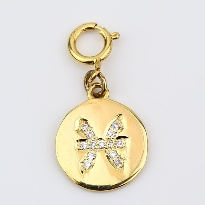 Pisces Horoscope Birth Sign Charm, 14k Solid Gold, Natural Diamond, Zodiac Constellation Everyday  Jewelry, Astrology Gift