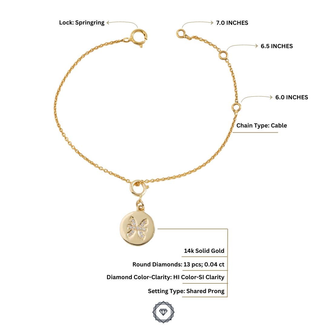 Pisces Horoscope Birth Sign Charm, 14k Solid Gold, Natural Diamond, Zodiac Constellation Everyday  Jewelry, Astrology Gift