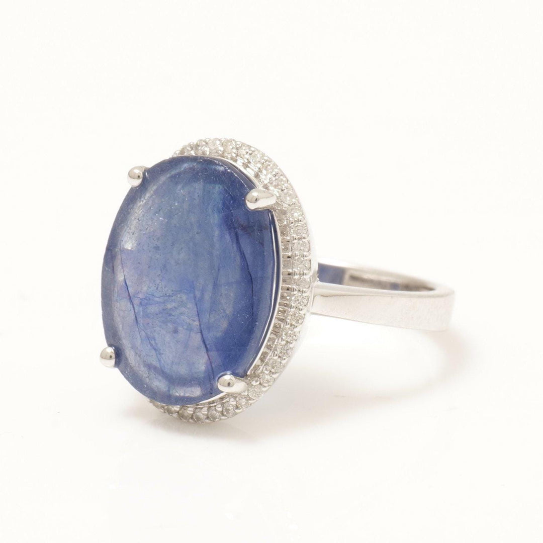 Blue Sapphire Diamond Halo Ring, 14k Solid Gold, Natural Diamonds, Gemstone Cabochon Jewelry, Statement Ring, Ready To Ship, HRD Certified