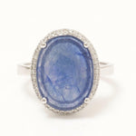 Load image into Gallery viewer, Blue Sapphire Diamond Halo Ring, 14k Solid Gold, Natural Diamonds, Gemstone Cabochon Jewelry, Statement Ring, Ready To Ship, HRD Certified
