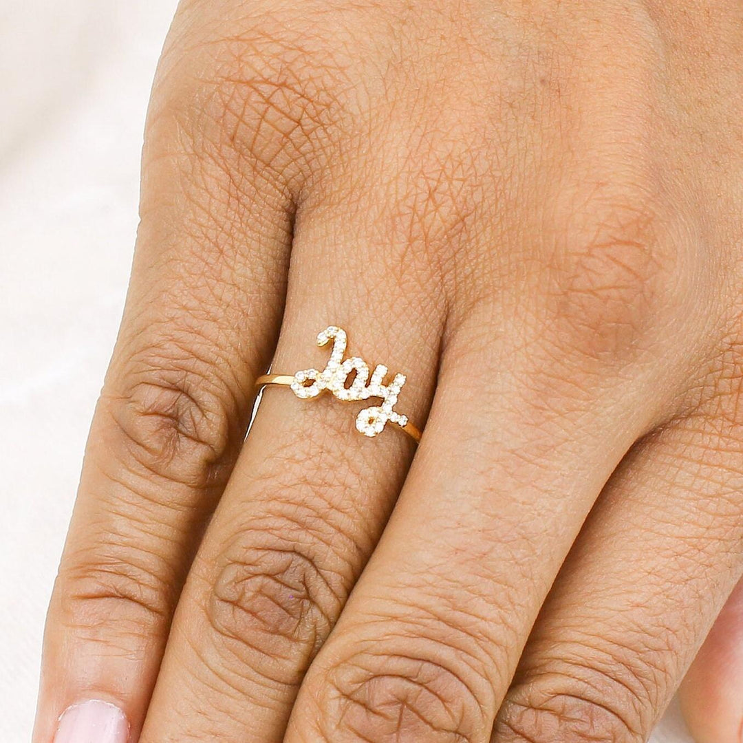 Joy Diamond Ring, 14k Solid Gold, Natural Diamonds, Personalized Statement Jewelry, Everyday Affirmation Ring, Ready To Ship