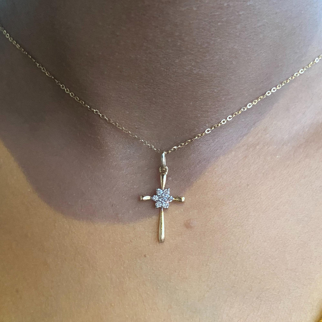Cross Flower Diamond Pendant, 14k Solid Gold, Natural Diamonds, IGI Certified, Religious Adjustable Necklace, Everyday Jewelry, Gift For Her