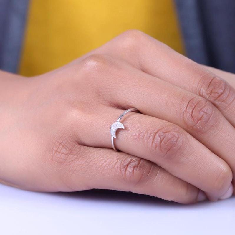 Crescent Moon Diamond Ring, 14k Solid Gold, Natural Diamonds, Everyday Stackable Ring, Minimalist Celestial Jewelry, Ready To Ship