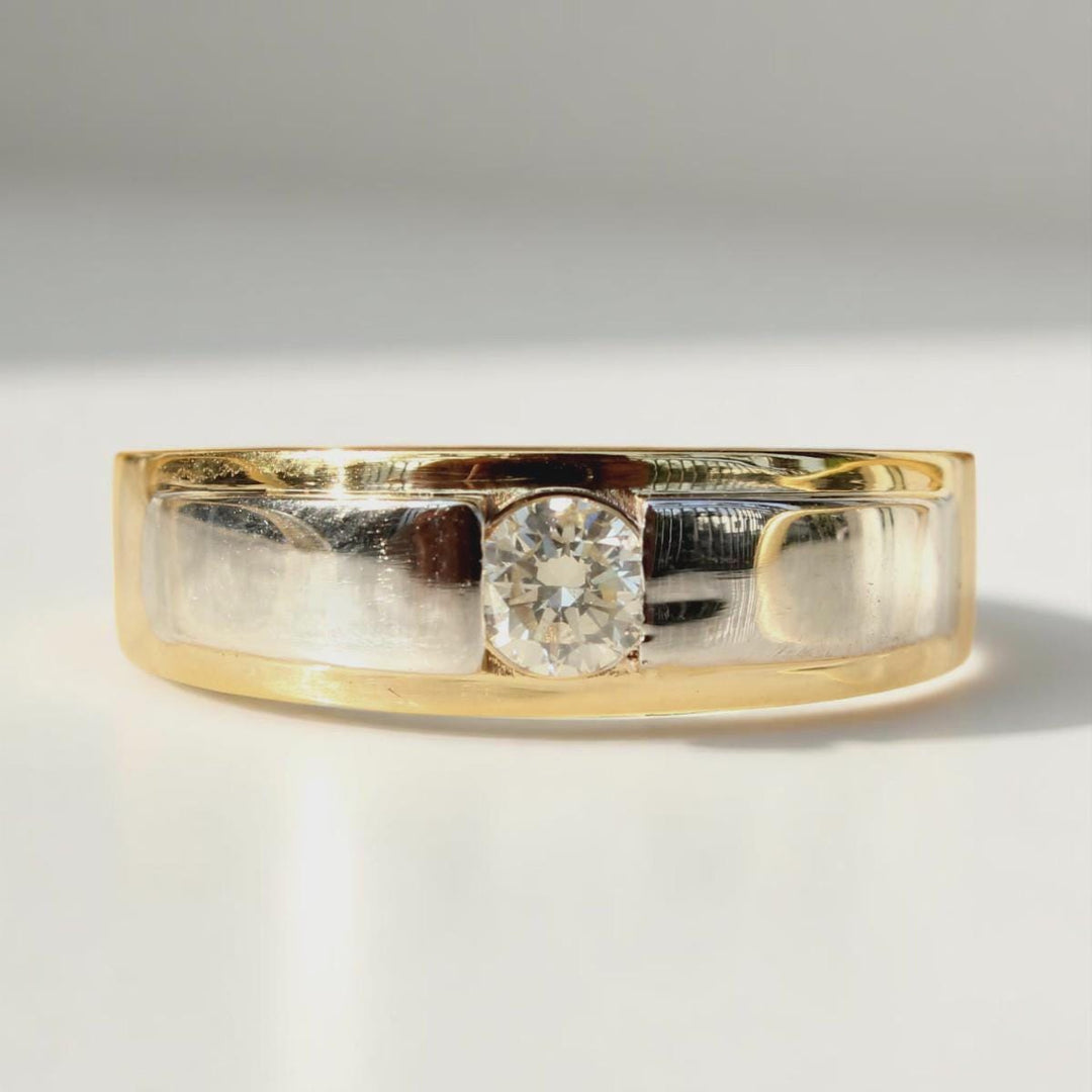 Round Solitaire Diamond Ring, 14k Solid Gold, Natural Diamonds, Men&#39;s Engagement Ring, Two Tone Wedding Statement Band, Gift for him