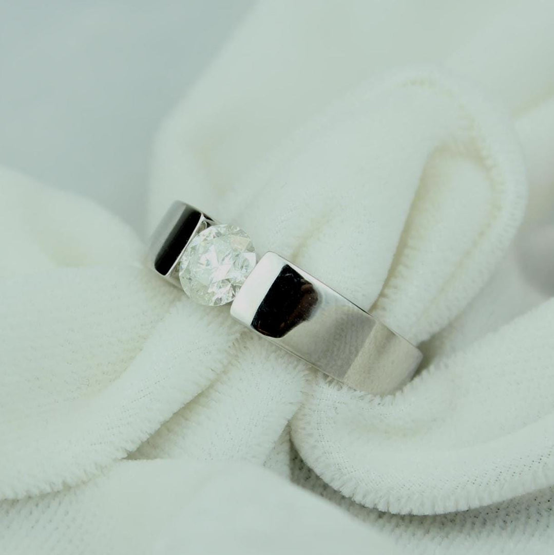 Round Solitaire Tension Set Diamond Men Ring, 14k Solid Gold, Natural Diamonds, Men&#39;s Engagement Ring, Wedding Statement Band, Gift for him