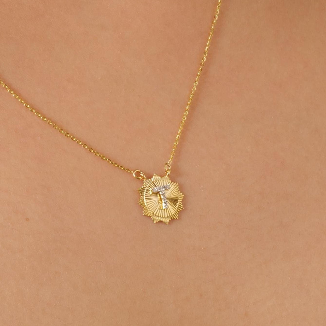 Personalized Medallion Initial Diamond Necklace, 14k Solid Gold, Natural Diamonds, Everyday Layering Pendant, Sunburst Letter, Ready To Ship