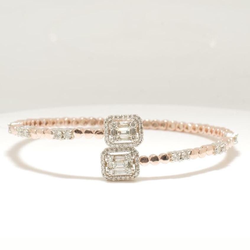 Halo Rectangular Natural Diamond Cuff Bracelet: 14k Solid Gold Stackable Open Bangle, Ready To Ship, IGI Certified