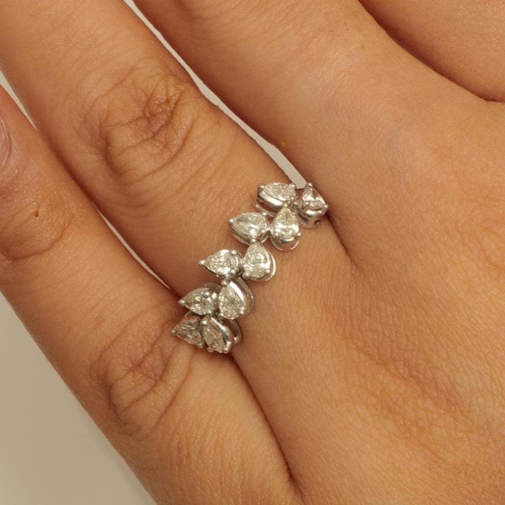 Leaf Diamond Eternity Band Ring, 14k Solid Gold, Pear Natural Diamonds, Statement Cocktail Ring, Ready To Ship, Certified Jewelry