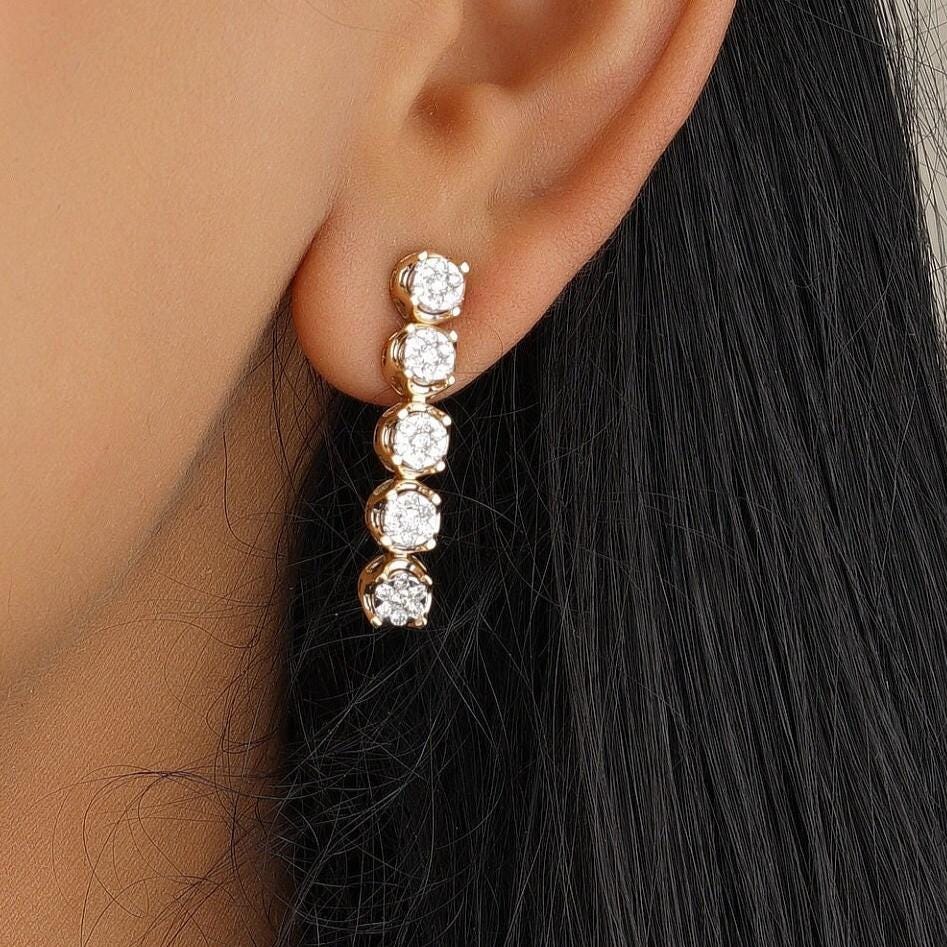 Diamond String Earrings With Illusion Setting, 14k Solid Gold, Natural Diamonds, Ready To Ship, Women&#39;s Day Gift
