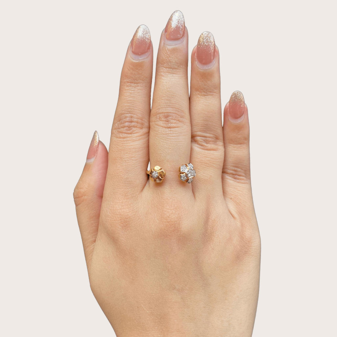 Flower diamond open ring, Dual Tone Cuff Ring, 14k Solid Gold, Natural Diamonds, Ready To Ship, Women&#39;s Day Gift