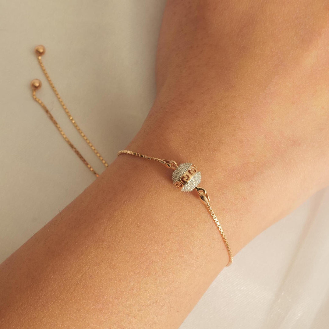 Pavé Orb Natural Diamond Bolo Bracelet: 14k Solid Gold Adjustable Bracelet, IGI Certified, Ready To Ship