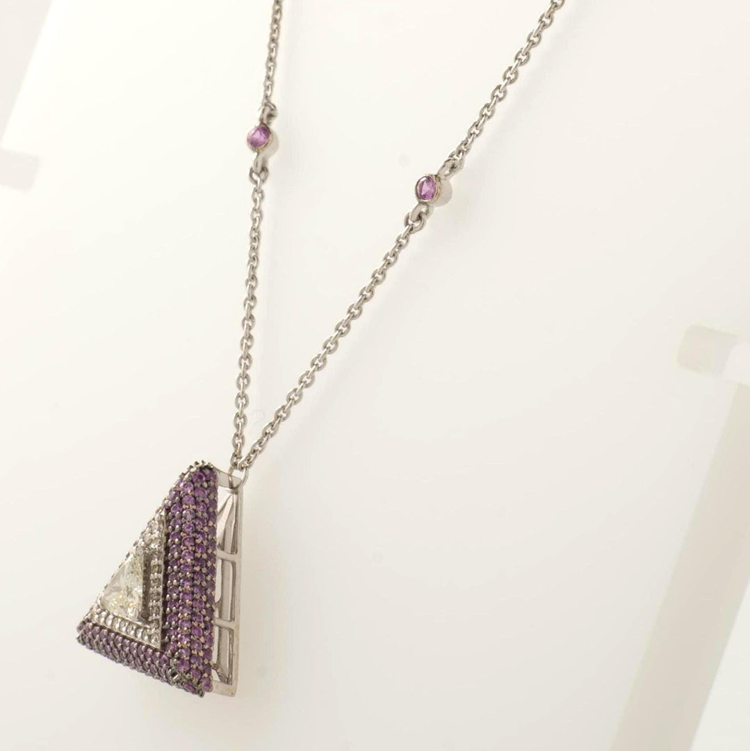Pink Sapphire Triangle Diamond Necklace, 14k Solid Gold, Natural Diamond, Geometric Gemstone Stackable Chain, Certified Jewelry