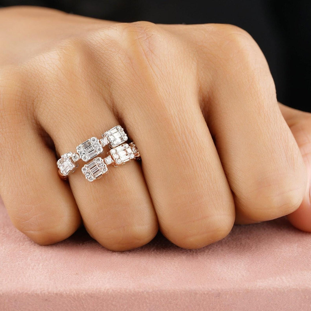 Double Band Diamond Ring In 14K Solid Gold, Baguette & Round Diamonds, Centre Open Ring With Natural Diamonds, Gift For Her