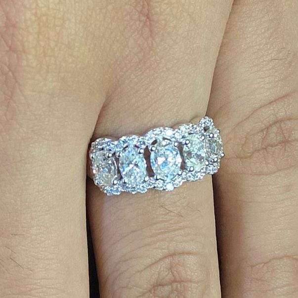 Oval Halo Diamond Band Ring, 14k Solid Gold, Natural Diamonds, Eternity Wedding Band, Statement Bridal Ring, Ready To Ship, IGI Certified