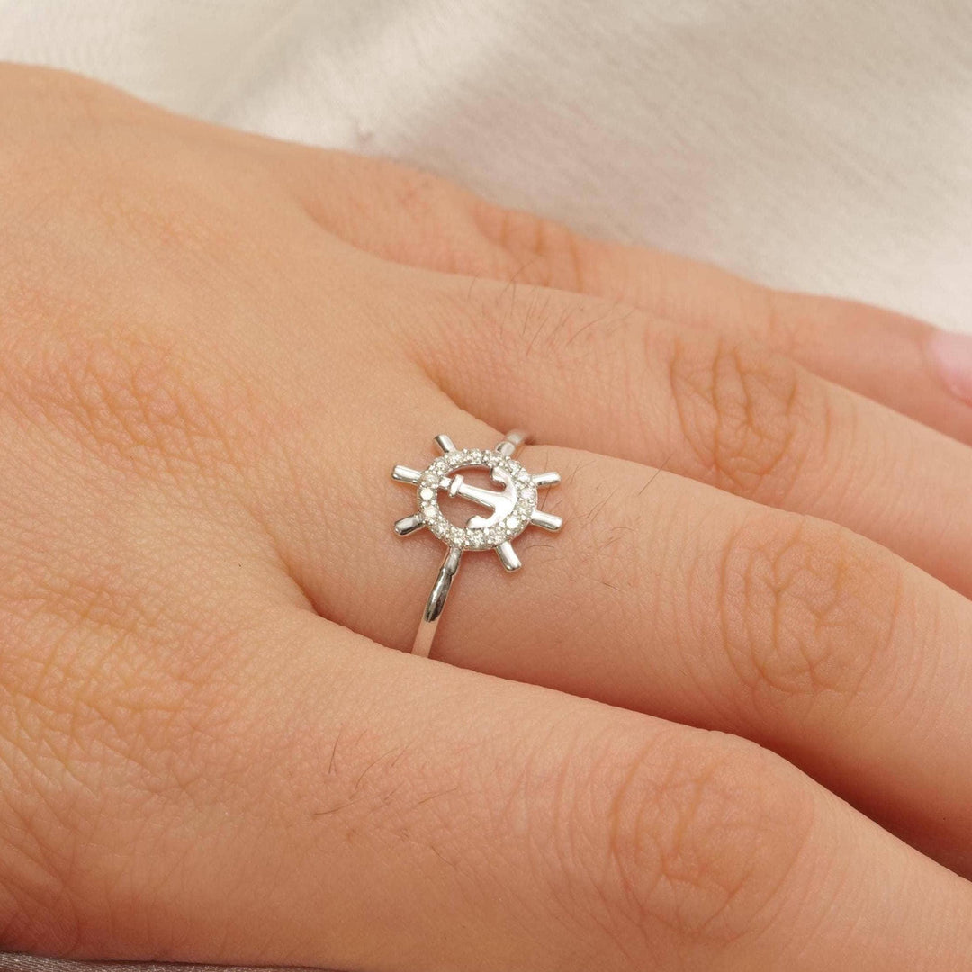 Anchor Wheel Diamond Ring, 14k Solid Gold, Natural Diamonds, Everyday Stackable Jewelry, Ready To Ship, Women&#39;s Day Gift