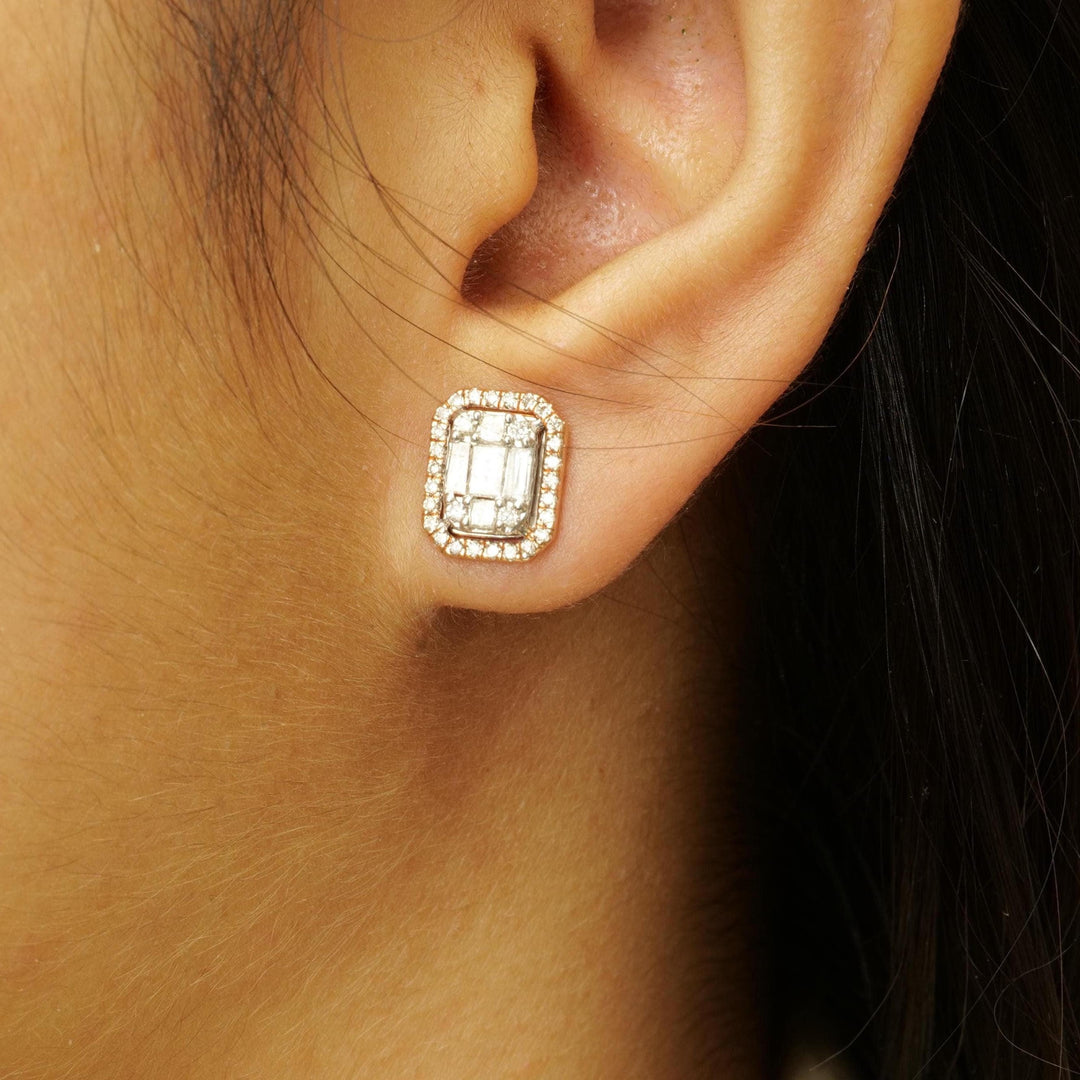 Diamond Halo Earrings, Illusion Setting, 14k Solid Gold, Baguette & Round Natural Diamonds, Everyday Studs, Ready To Ship, Women&#39;s Day Gift